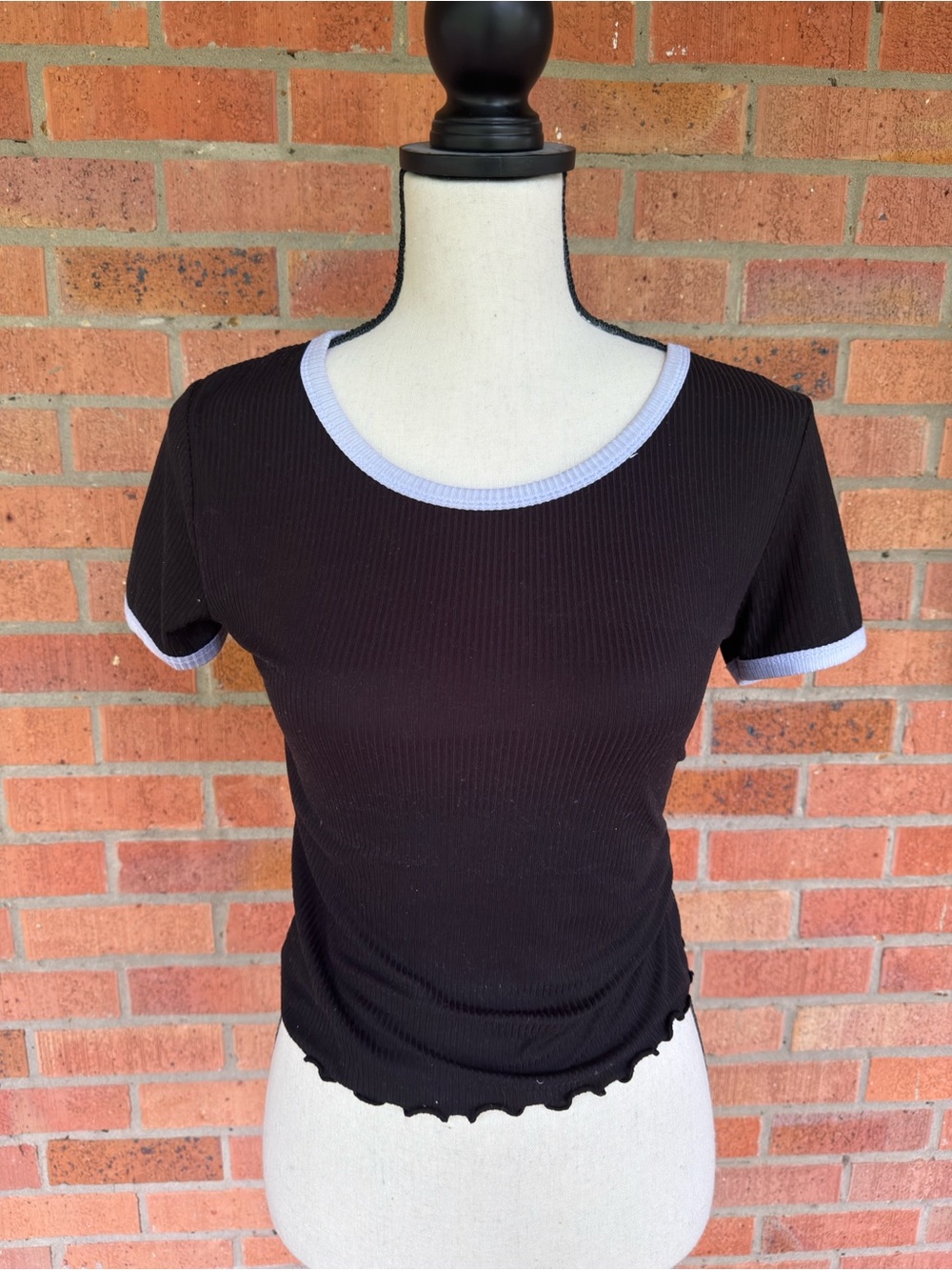 Black Ribbed Short-Sleeve Tee with Light Trim